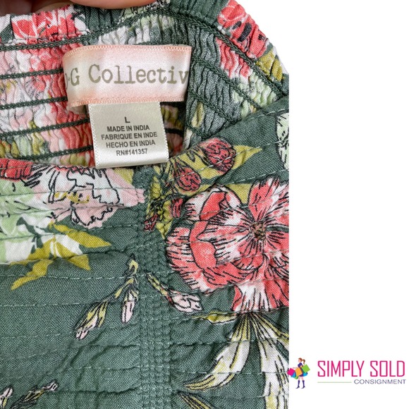 BOG Collective Women's Smocked Jumpsuit Green Floral Boho Wide Leg Cotton Size L - Picture 8 of 10